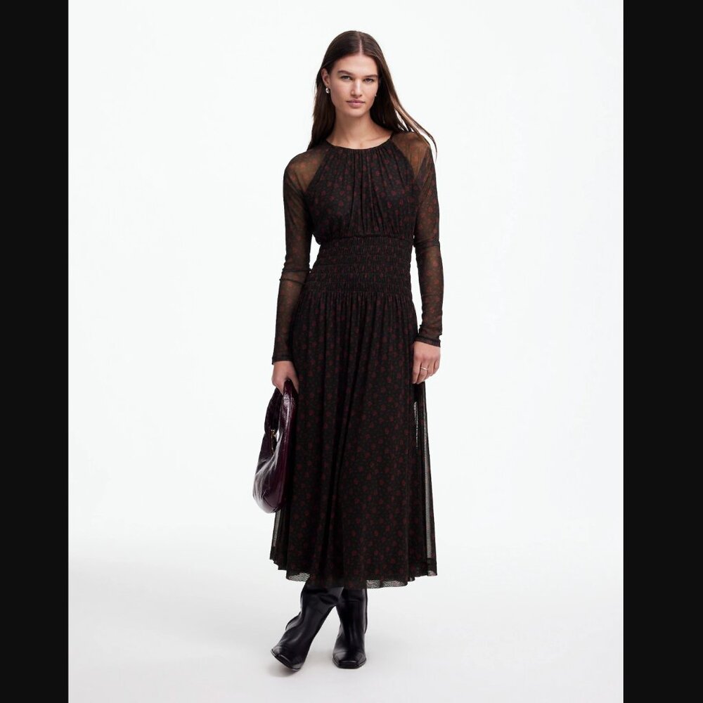 Madewell Floral Long Sleeve Smocked Midi Dress – Bright Cherry – XL